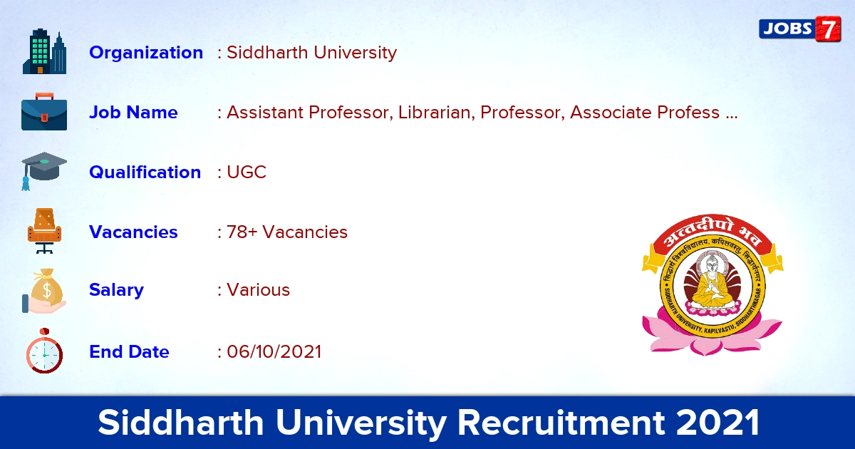 Siddharth University Recruitment 2021 - Apply Online for 78+ Professor, Librarian Vacancies