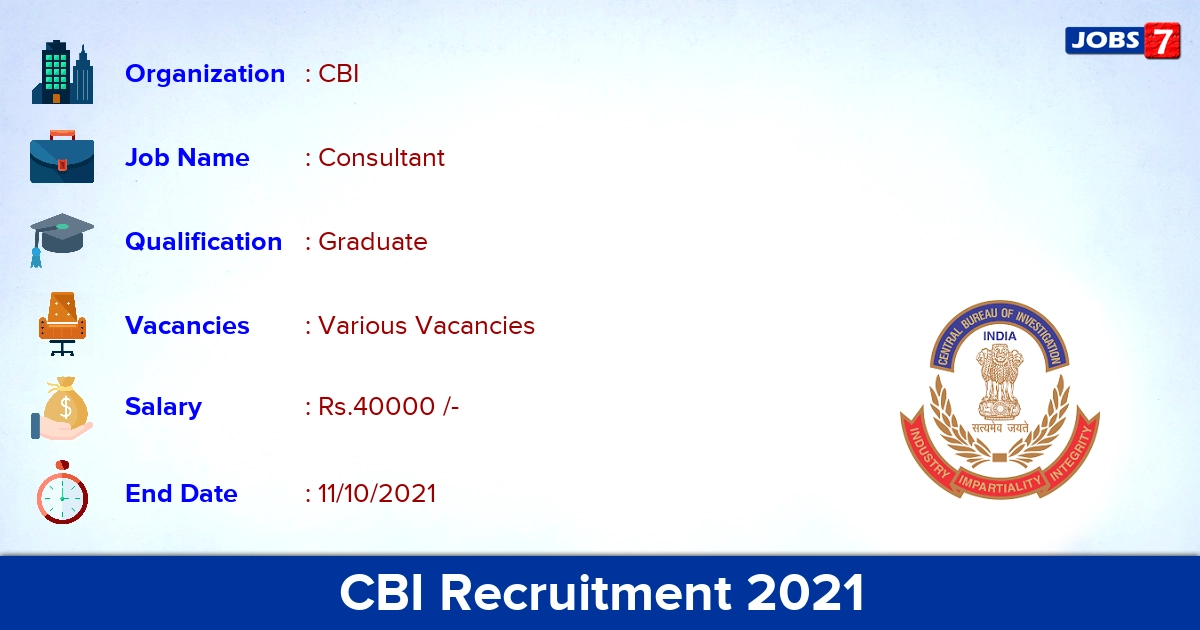 CBI Recruitment 2021 - Apply Offline for Consultant Vacancies