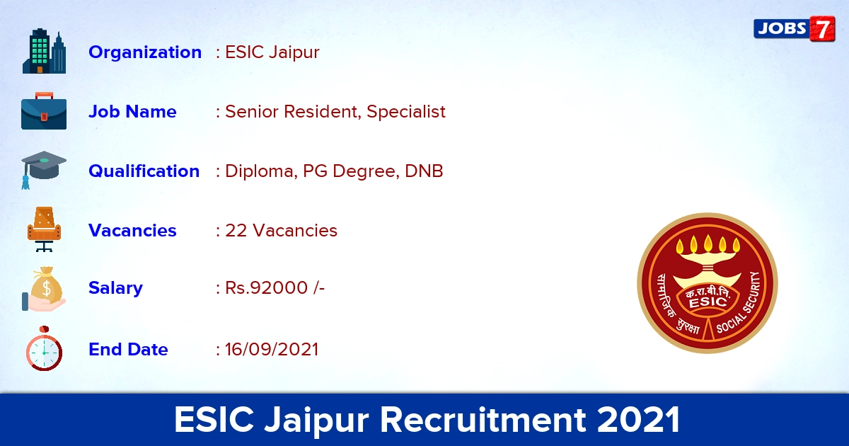 ESIC Jaipur Recruitment 2021 - Apply Direct Interview for 22 Senior Resident, Specialist Vacancies