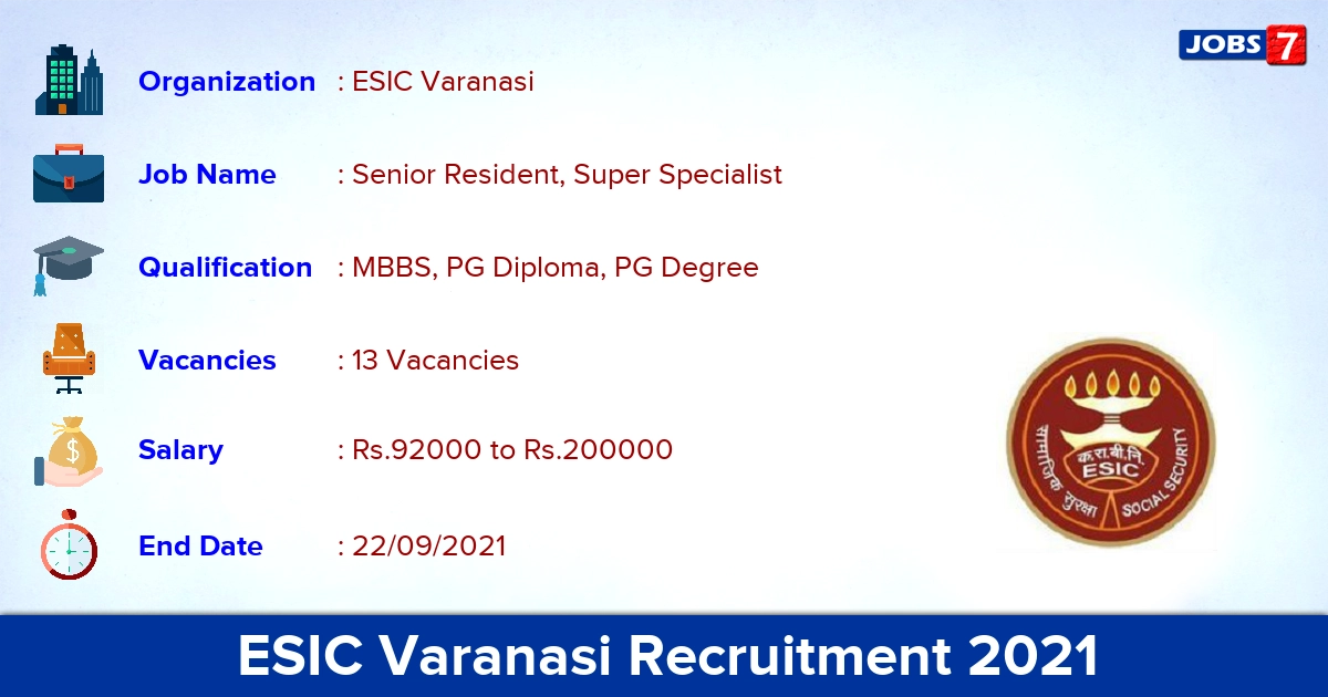 ESIC Varanasi Recruitment 2021 - Apply Direct Interview for 13 Super Specialist Vacancies