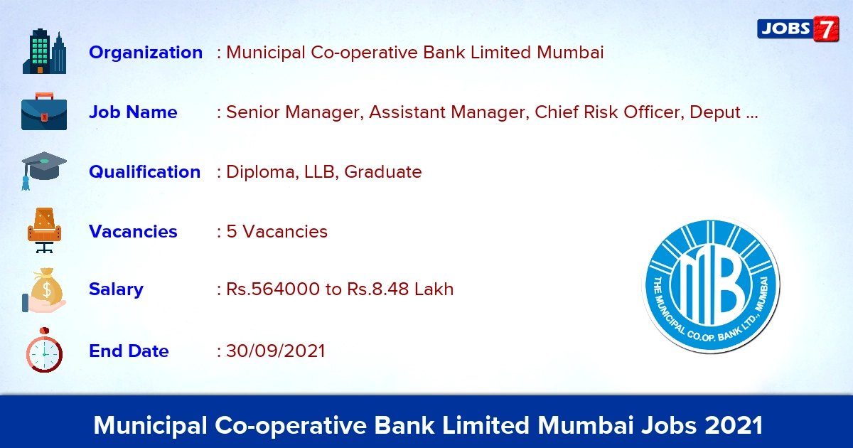Municipal Co-operative Bank Limited Mumbai Recruitment 2021 - Apply Online for Manager Jobs