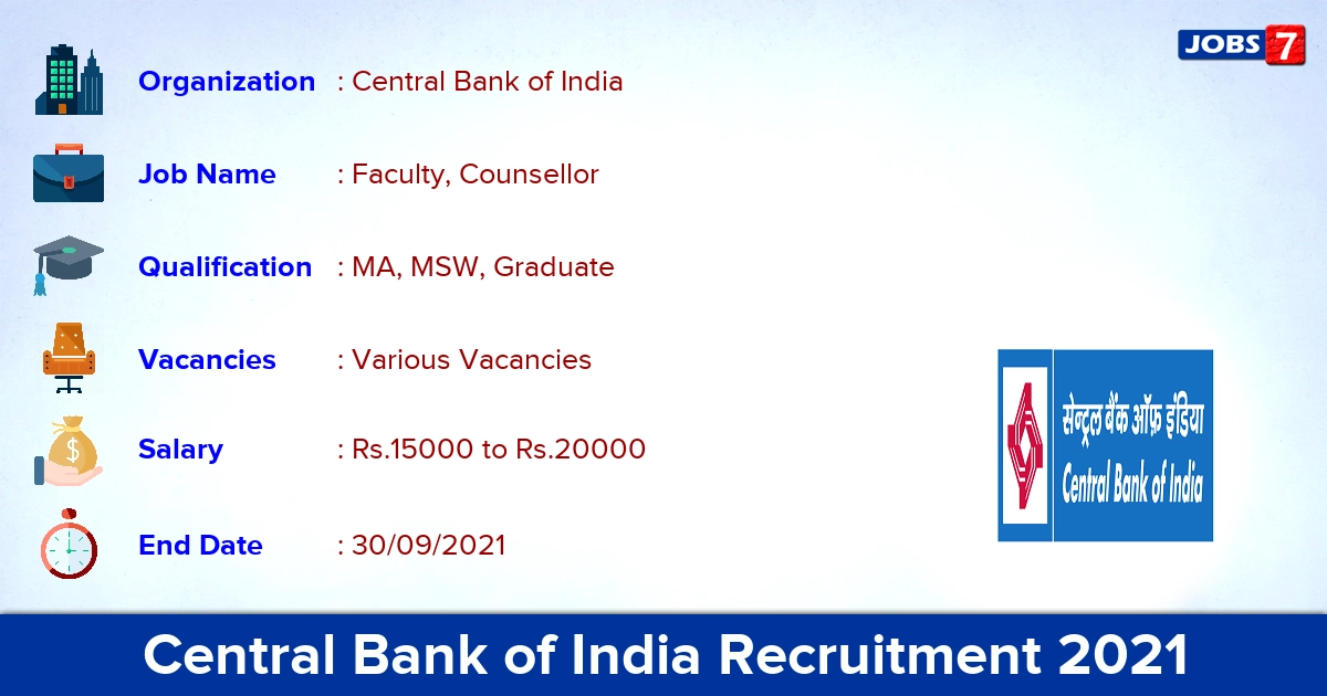 Central Bank of India Recruitment 2021 - Apply Offline for Faculty, Counsellor Vacancies