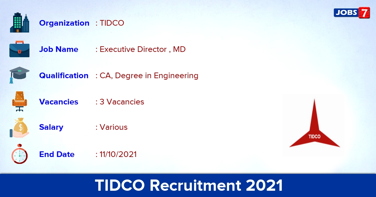 TIDCO Recruitment 2021 - Apply Online for Executive Director, MD Jobs