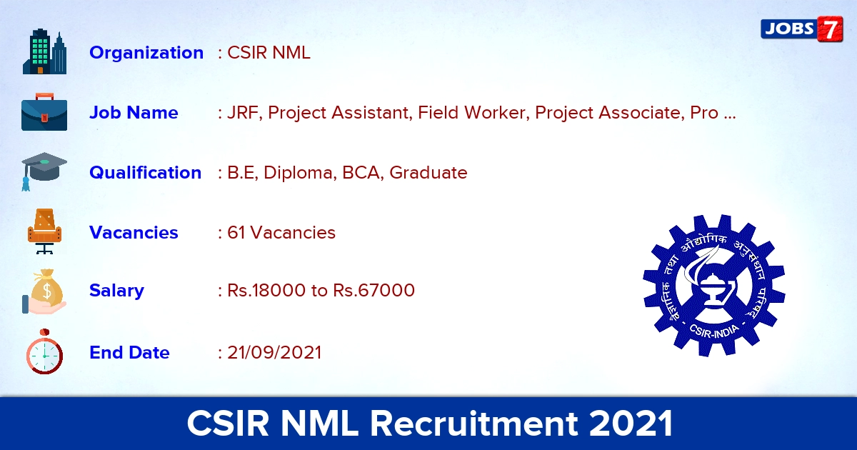 CSIR NML Recruitment 2021 - Apply Online for 61 Project Assistant Vacancies