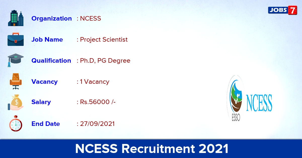 NCESS Recruitment 2021 - Apply Online for Project Scientist Jobs