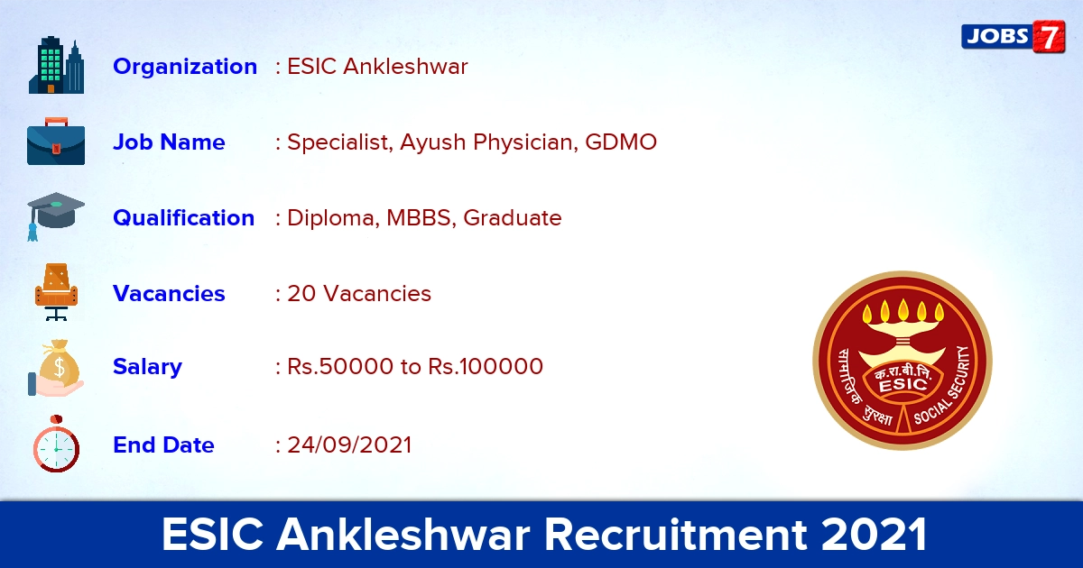 ESIC Ankleshwar Recruitment 2021 - Apply Direct Interview for 20 Ayush Physician Vacancies