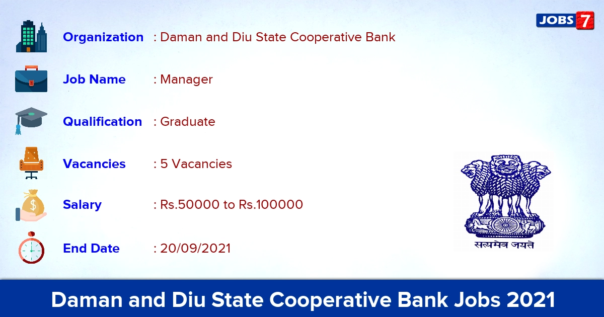 Daman and Diu State Cooperative Bank Recruitment 2021 - Apply Offline for Manager Jobs