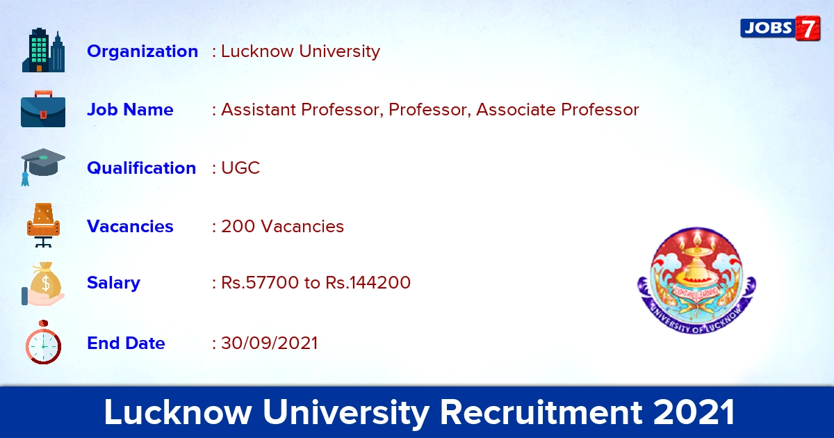 Lucknow University Recruitment 2021 - Apply Online for 200 Professor Vacancies