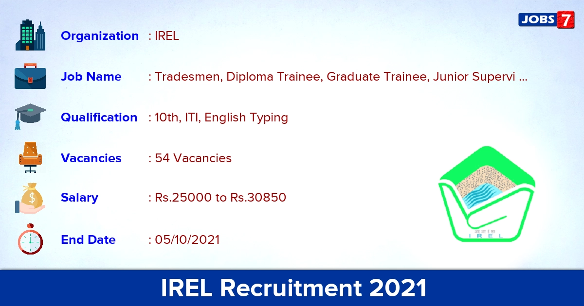 IREL Recruitment 2021 - Apply Online for 54 Trainee, Personal Secretary Vacancies