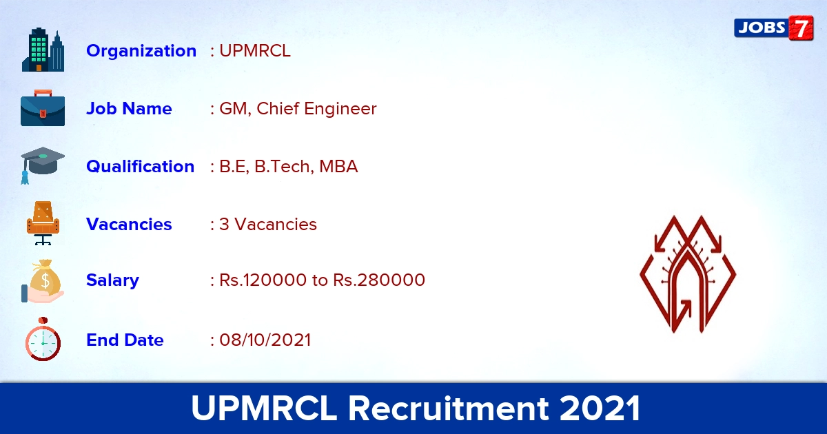 UPMRCL Recruitment 2021 - Apply Offline for GM, Chief Engineer Jobs
