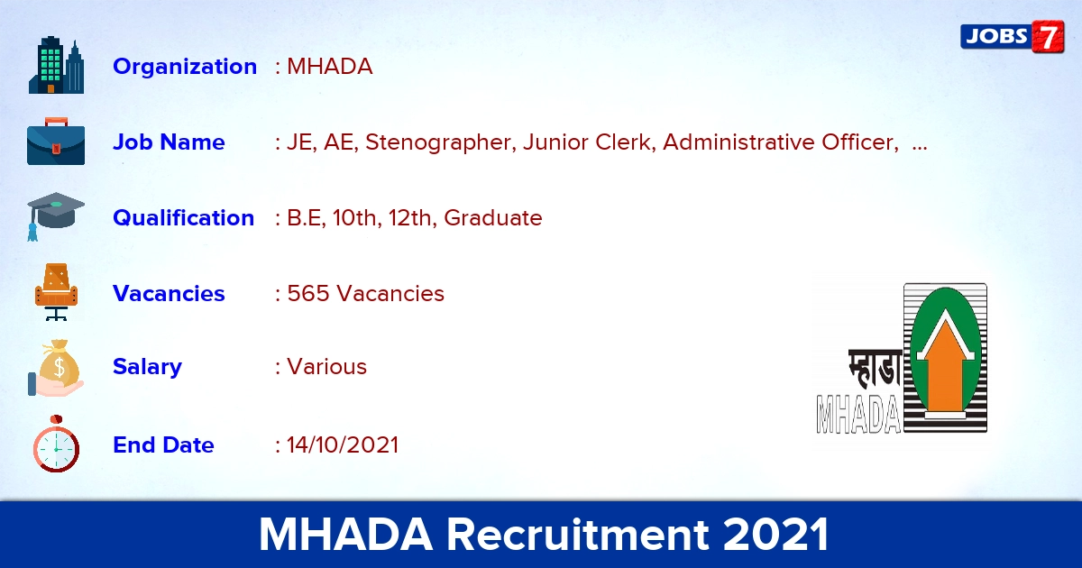 MHADA Recruitment 2021 - Apply Online for 565 JE, Stenographer Vacancies