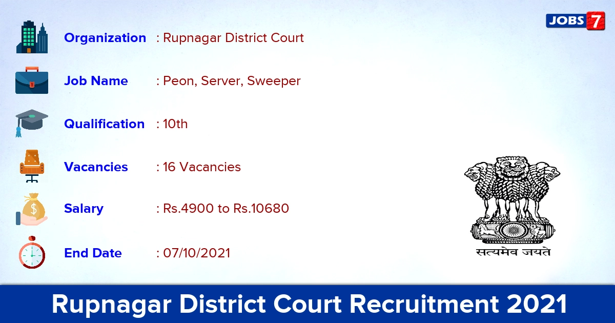 Rupnagar District Court Recruitment 2021 - Apply Offline for 16 Peon, Sweeper Vacancies
