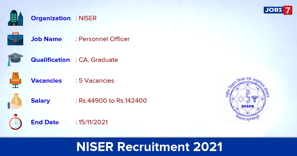 NISER Recruitment 2021 - Apply Online for Personnel Officer Jobs