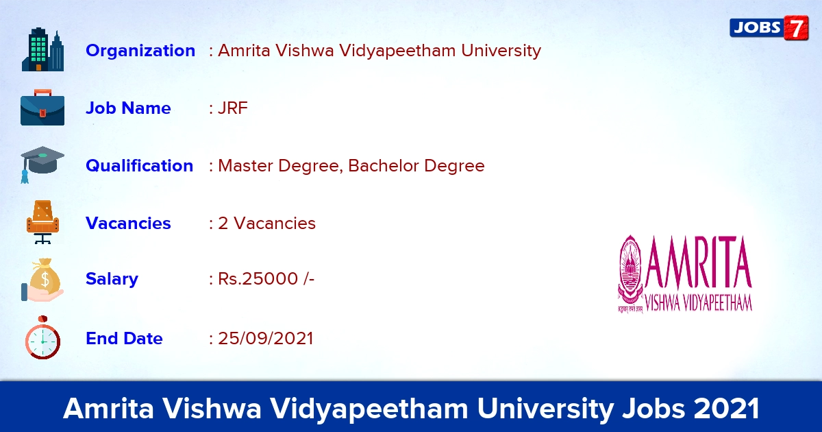 Amrita Vishwa Vidyapeetham University Recruitment 2021 - Apply Online for JRF Jobs