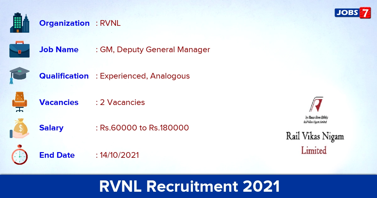 RVNL Recruitment 2021 - Apply Offline for Deputy General Manager Jobs
