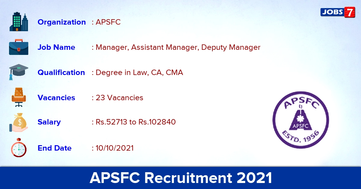 APSFC Recruitment 2021 - Apply Online for 23 Manager Vacancies