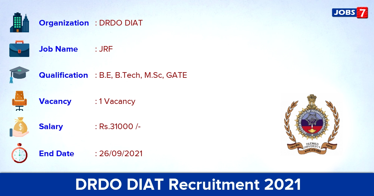 DRDO DIAT Recruitment 2021 - Apply Online for JRF Jobs