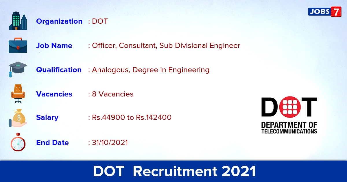 DOT Recruitment 2021 - Apply Offline for Consultant, Sub Divisional Engineer Jobs