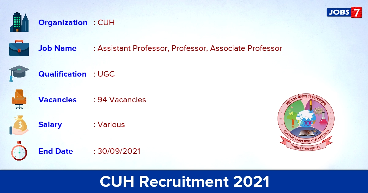 CUH Recruitment 2021 - Apply Online for 94 Professor Vacancies