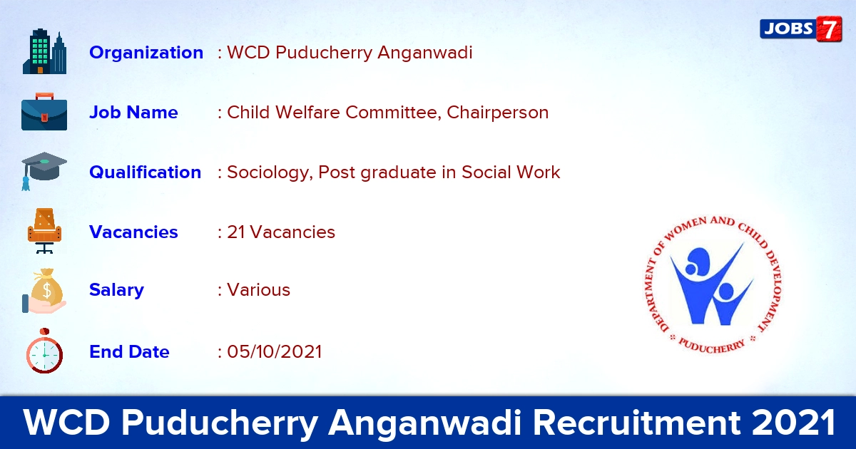 WCD Puducherry Anganwadi Recruitment 2021 - Apply Offline for 21 Chairperson Vacancies