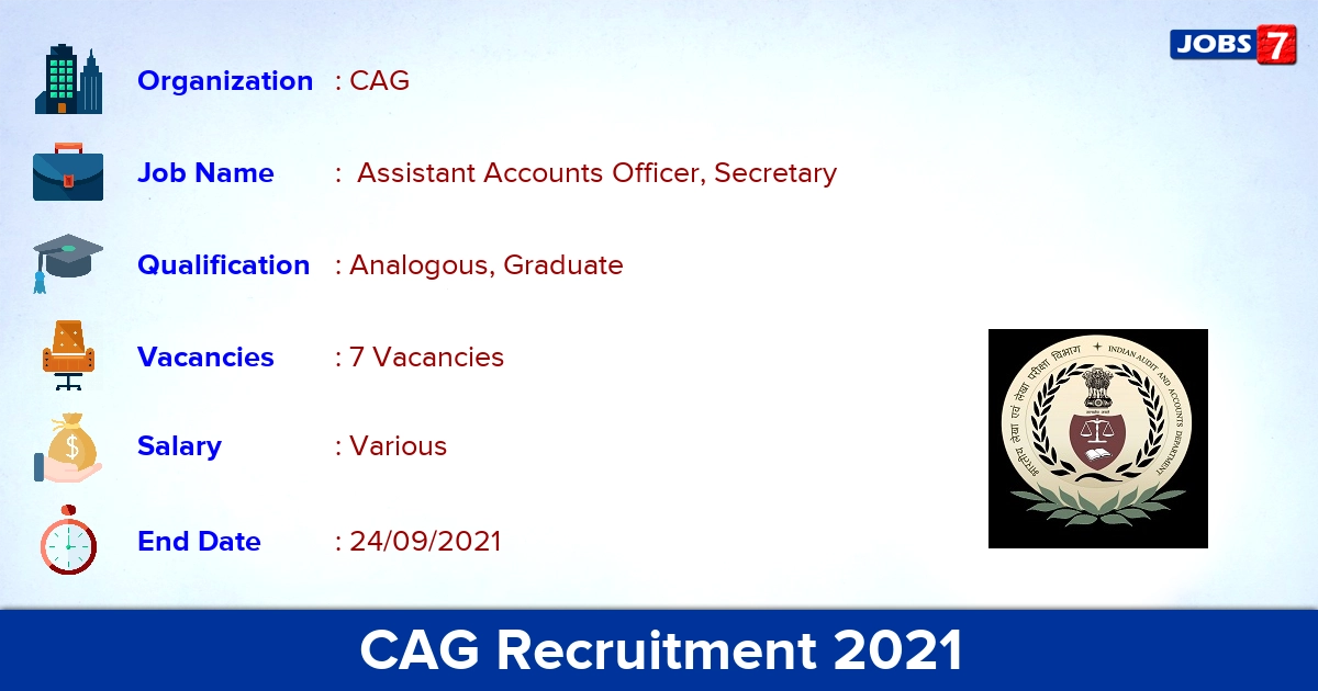 CAG Recruitment 2021 - Apply Offline for Secretary Jobs
