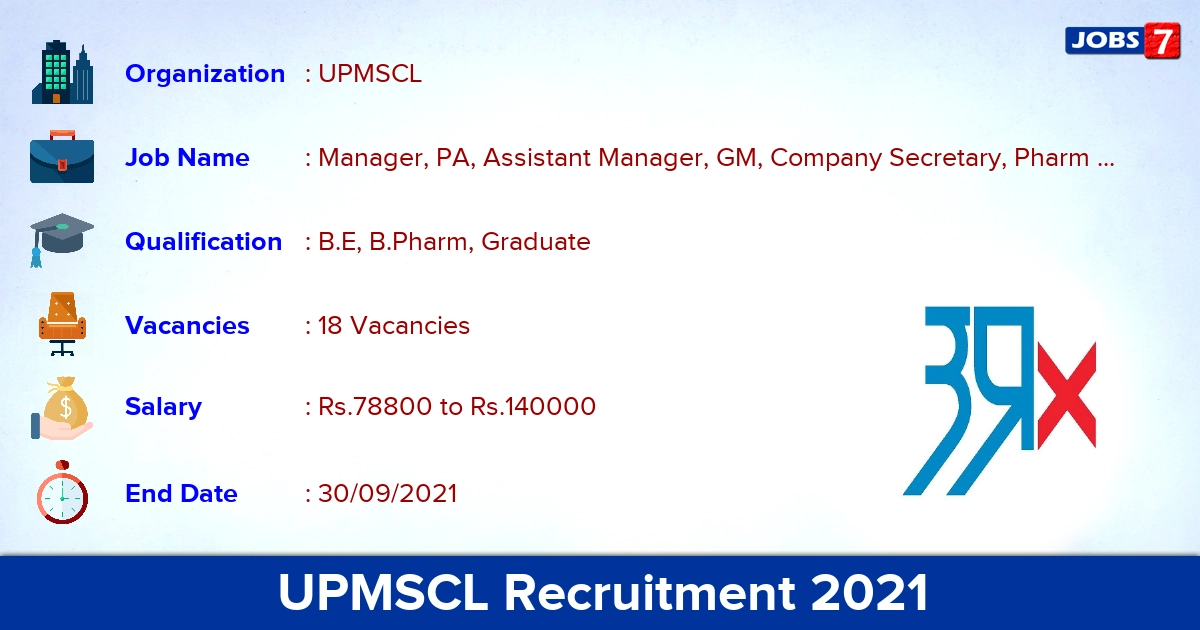 UPMSCL Recruitment 2021 - Apply Online for 18 Manager, Biomedical Engineer Vacancies