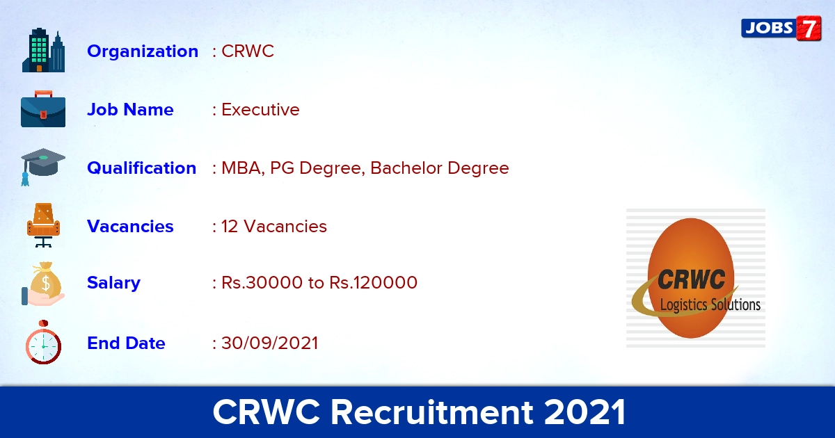 CRWC Recruitment 2021 - Apply Online for 12 Executive Vacancies
