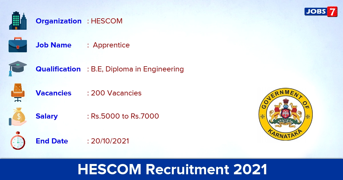 HESCOM Recruitment 2021 - Apply Online for 200 Apprentice Vacancies