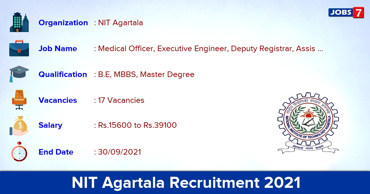 NIT Agartala Recruitment 2021 - Apply Online for 17 Medical Officer Vacancies