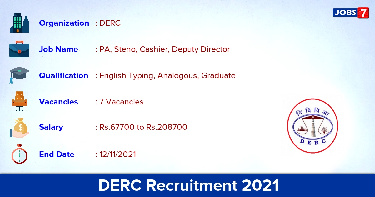 DERC Recruitment 2021 - Apply Online for Cashier, Deputy Director Jobs