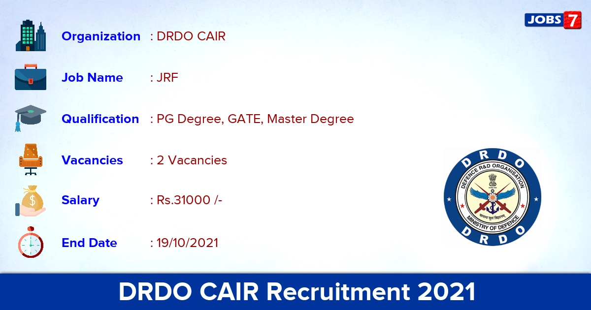 DRDO CAIR Recruitment 2021 - Apply Direct Interview for JRF Jobs