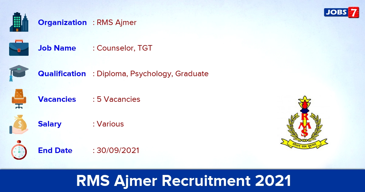 RMS Ajmer Recruitment 2021 - Apply Offline for Counselor, TGT Jobs