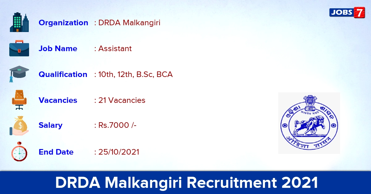 DRDA Malkangiri Recruitment 2021 - Apply Offline for 21 Multi Purpose Assistant Vacancies