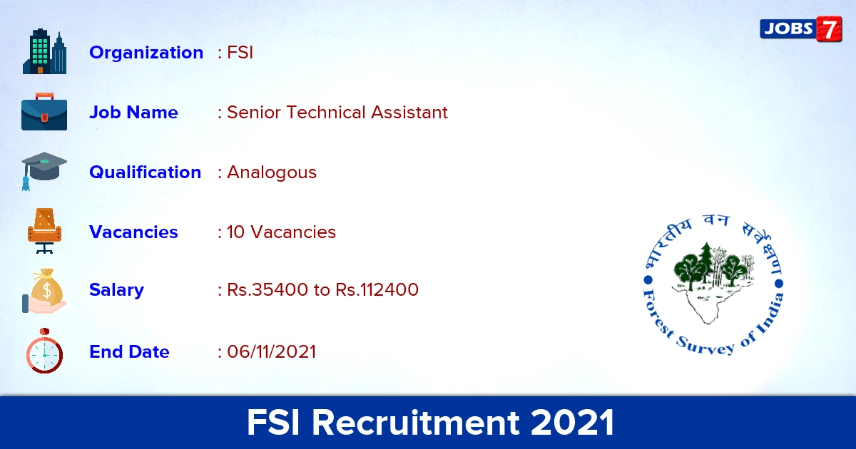 FSI Recruitment 2021 - Apply Offline for 10 Senior Technical Assistant Vacancies
