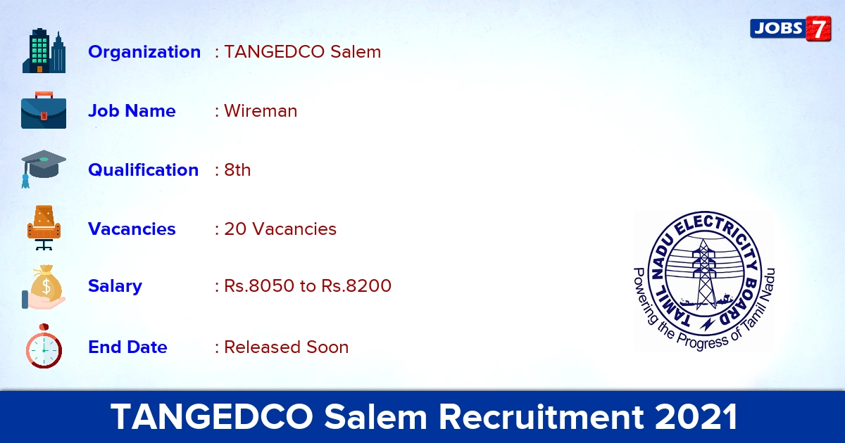 TANGEDCO Salem Recruitment 2021 - Apply Online for 20 Wireman Vacancies