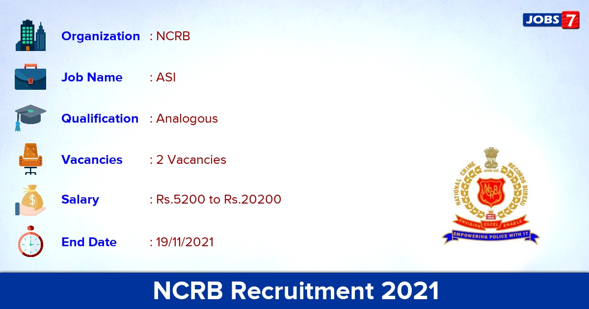 NCRB Recruitment 2021 - Apply Offline for ASI Jobs