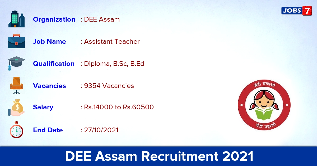 DEE Assam Recruitment 2021 - Apply Online for 9354 Assistant Teacher Vacancies (Last Date Extended)