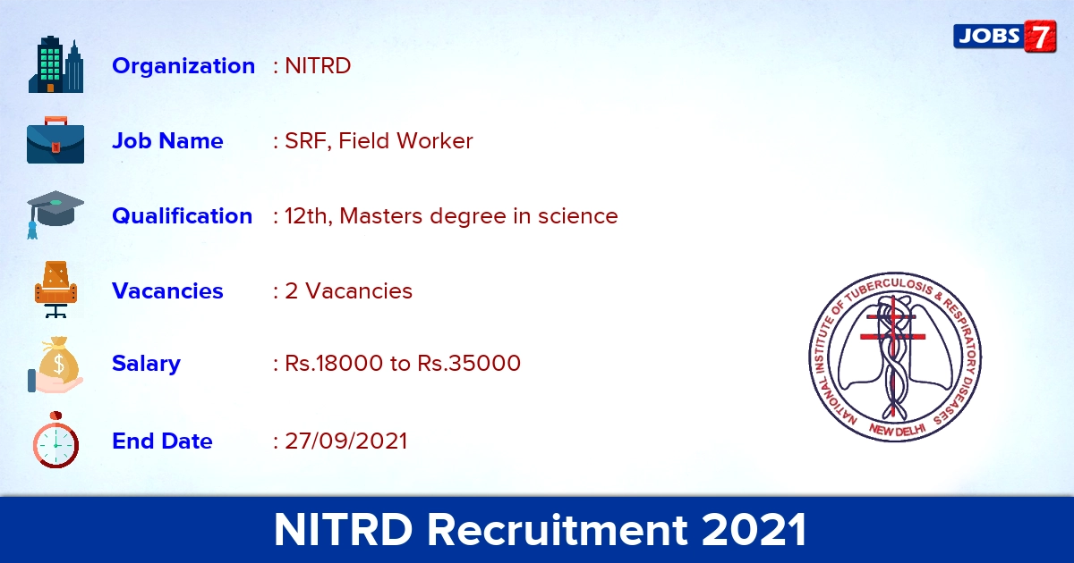 NITRD Recruitment 2021 - Apply Direct Interview for SRF, Field Worker Jobs