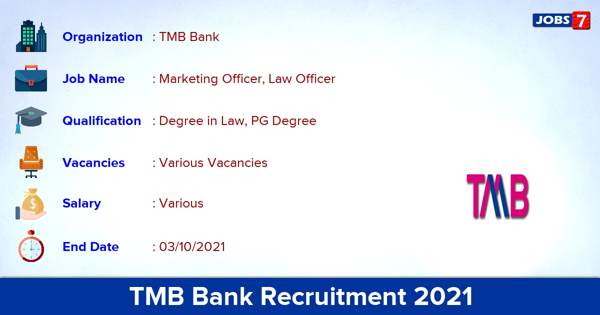 TMB Bank Recruitment 2021 - Apply Online for Marketing Officer, Law Officer Vacancies