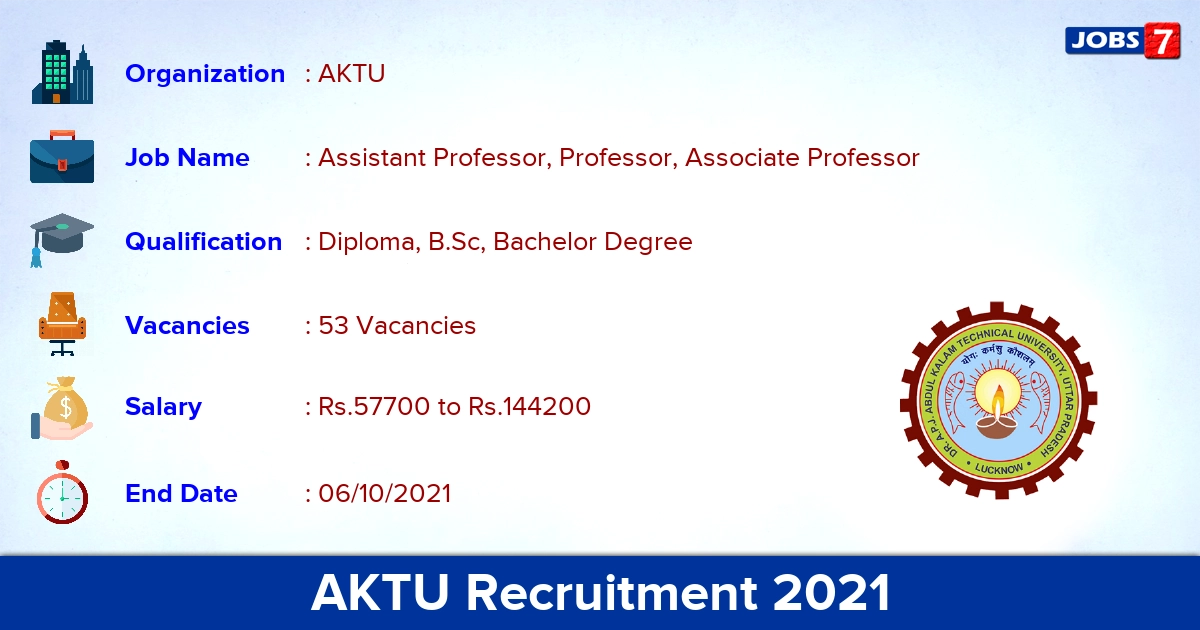 AKTU Recruitment 2021 - Apply Online for 53 Professor Vacancies