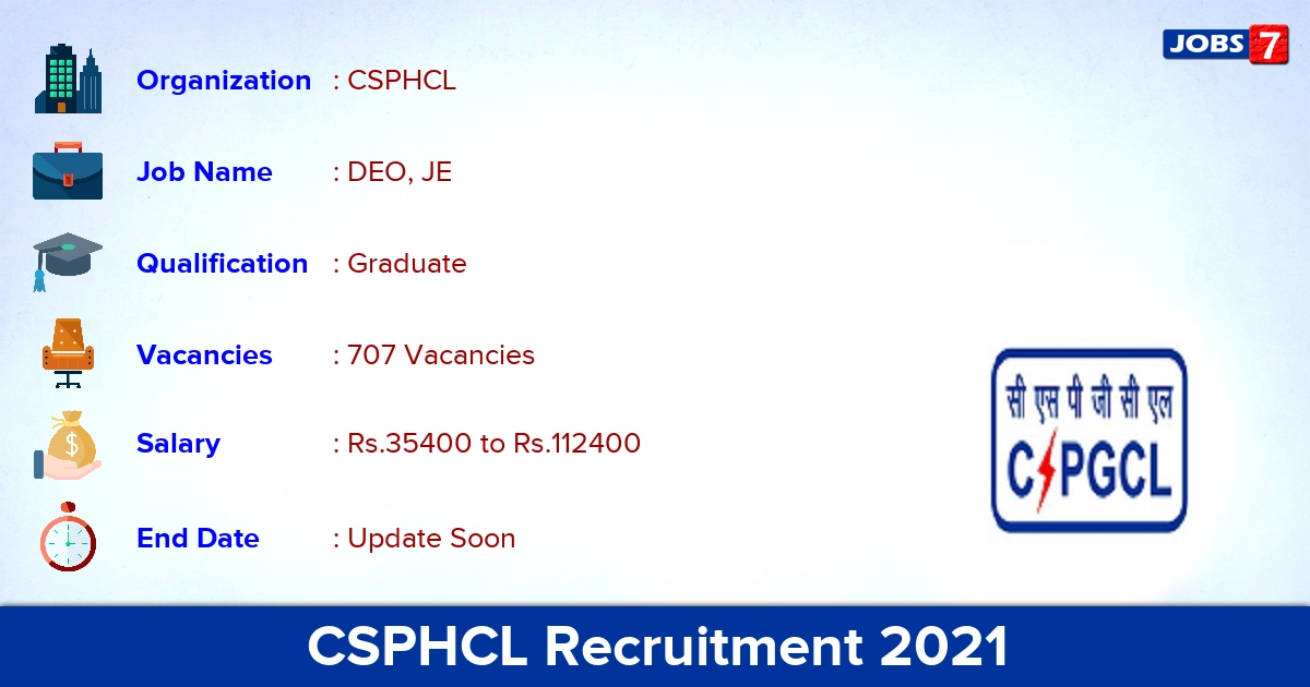 CSPHCL Recruitment 2021 - Apply Online for 707 DEO, JE Vacancies