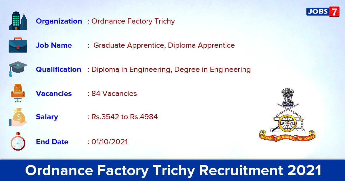 Ordnance Factory Trichy Recruitment 2021 - Apply Direct Interview for 84 Apprentice Vacancies