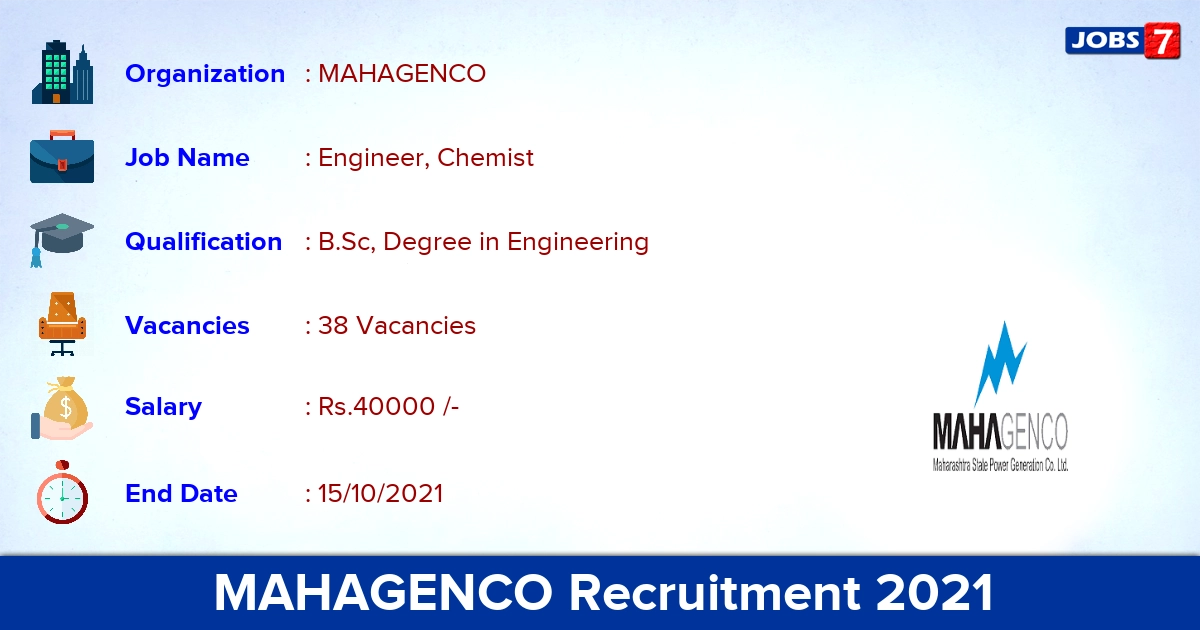 MAHAGENCO Recruitment 2021 - Apply Offline for 38 Engineer, Chemist Vacancies
