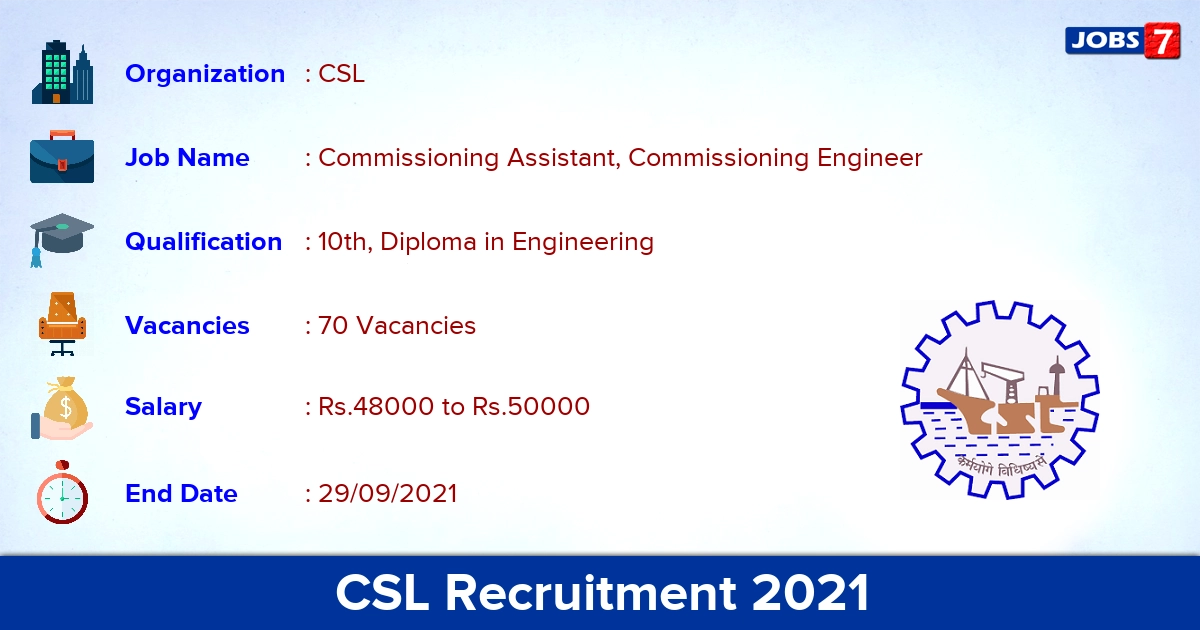 CSL Recruitment 2021 - Apply Direct Interview for 70 Commissioning Engineer Vacancies