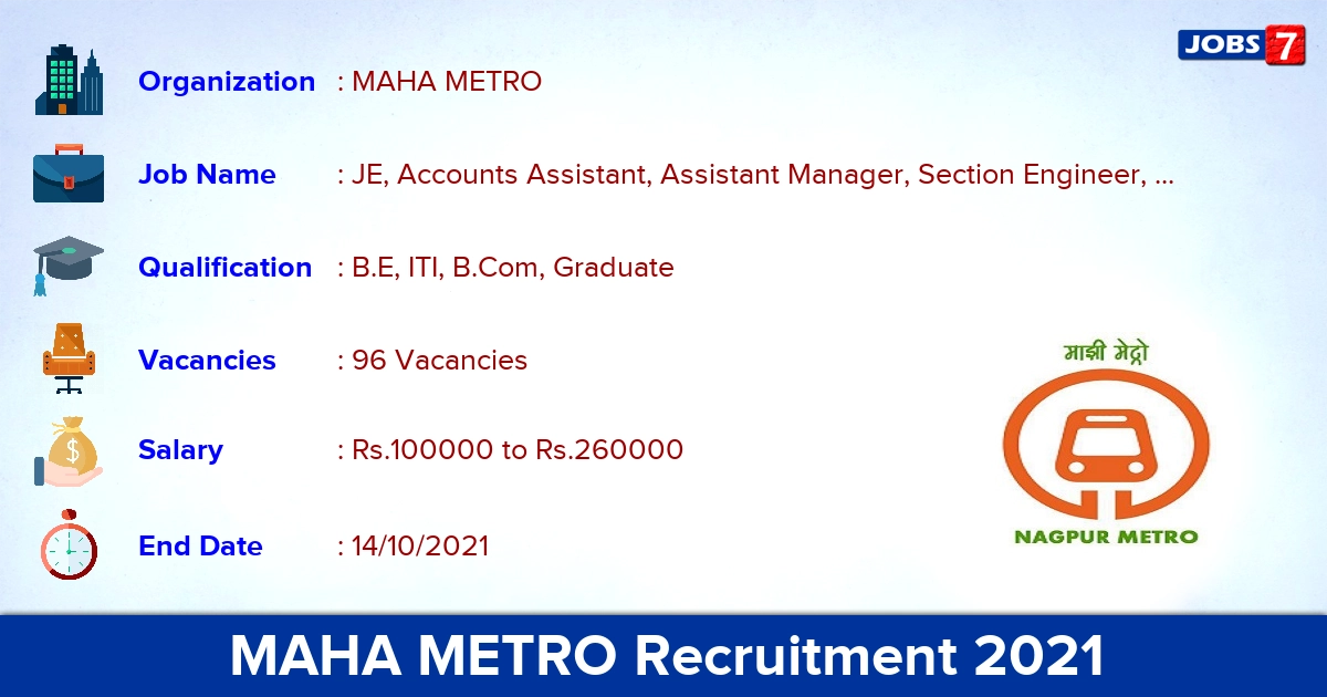 MAHA METRO Recruitment 2021 - Apply Online for 96 JE, Manager Vacancies