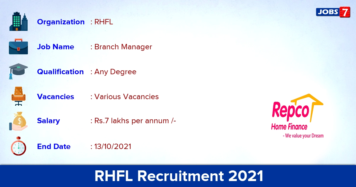 RHFL Recruitment 2021 - Apply Online for Branch Manager Vacancies