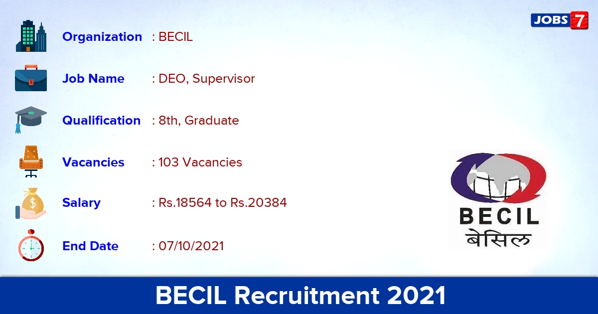 BECIL Recruitment 2021 - Apply Online for 103 DEO, Supervisor Vacancies