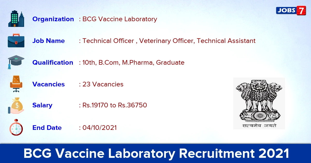 BCG Vaccine Laboratory Recruitment 2021 - Apply Direct Interview for 23 Veterinary Officer Vacancies