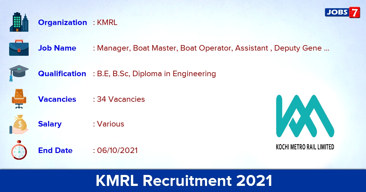 KMRL Recruitment 2021 - Apply Online for 34 Manager, Boat Master Vacancies