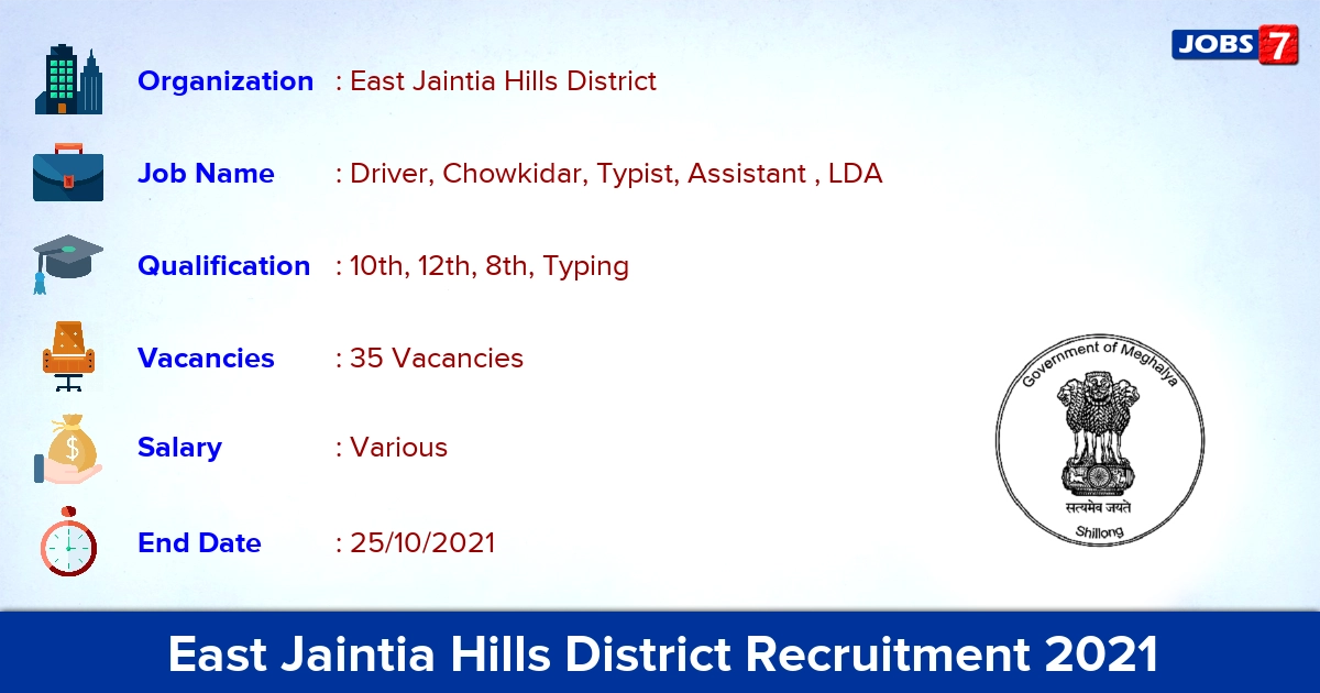 East Jaintia Hills District Recruitment 2021 - Apply Online for 35 Driver, LDA Vacancies